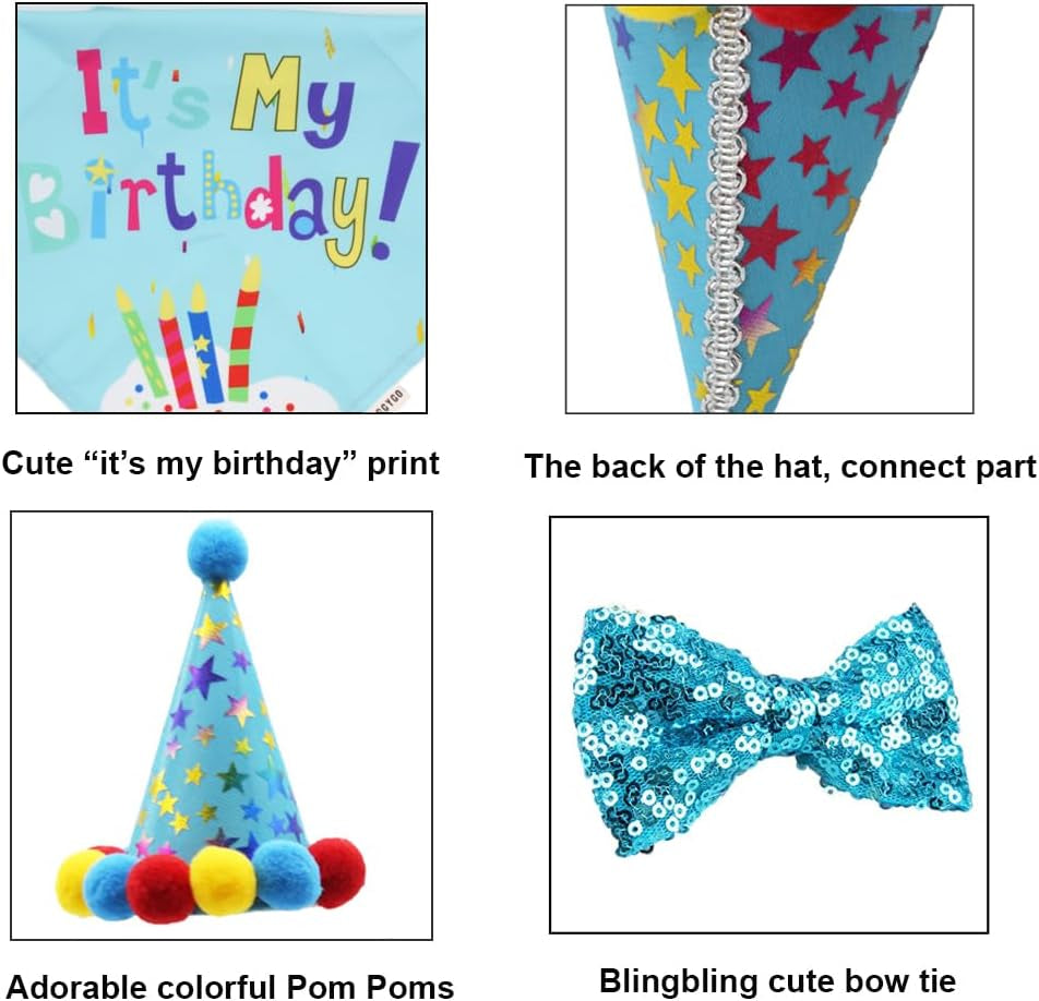 Dog Birthday Bandana Scarf and Dog Girl Boy Birthday Party Hat with Cute Dog Bow Tie Collar for Small Medium Dog Pet