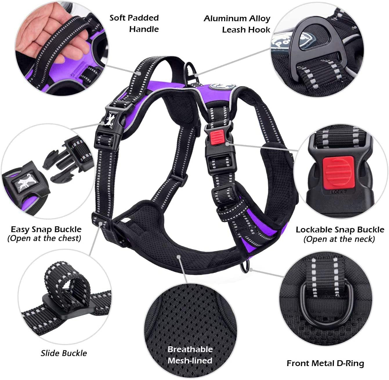 No Pull Dog Harness, No Choke Front Lead Dog Reflective Harness, Adjustable Soft Padded Pet Vest with Easy Control Handle for Small to Large Dogs